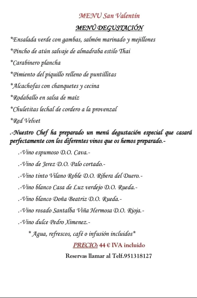 Menu San Valentin Doña Jeronima